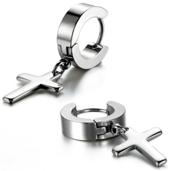 Mens Silver Stainless Steel Cross Hoop Huggie Dangle Earrings 14mm Party Gift - Picture 1 of 4